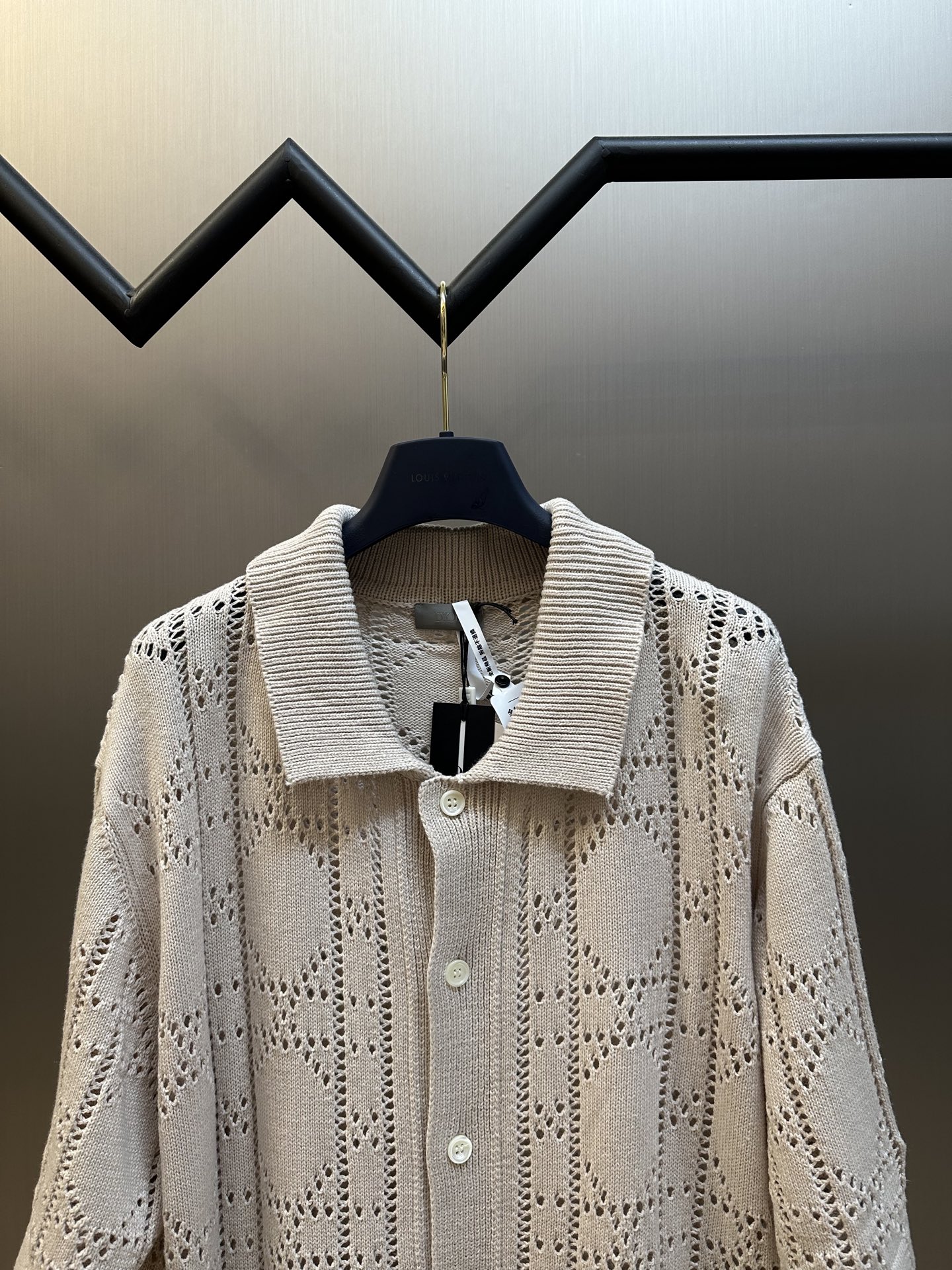 Letter Appliqué Hollow-Out Knit Short-Sleeve Shirt