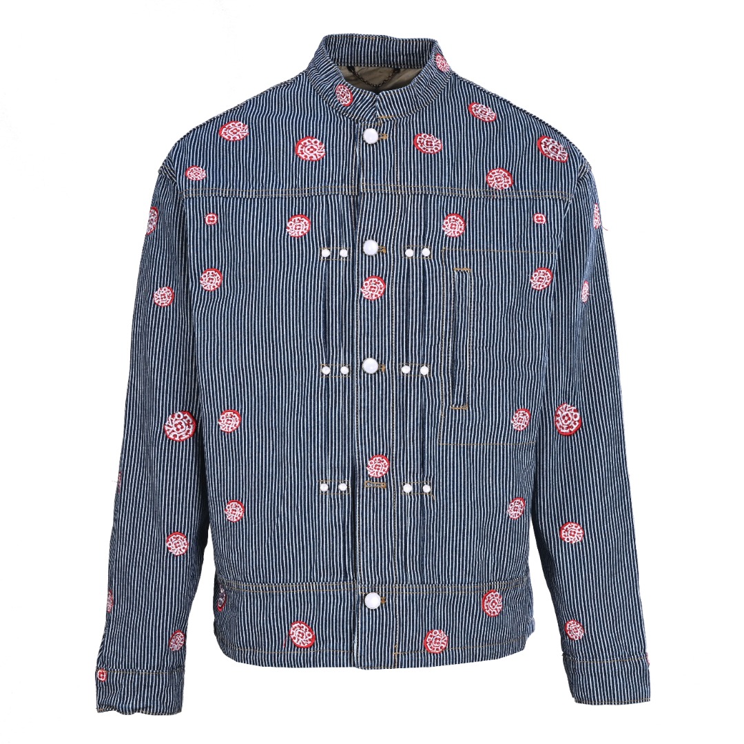 Sakura Embroidery Vertical Striped Denim Jacket