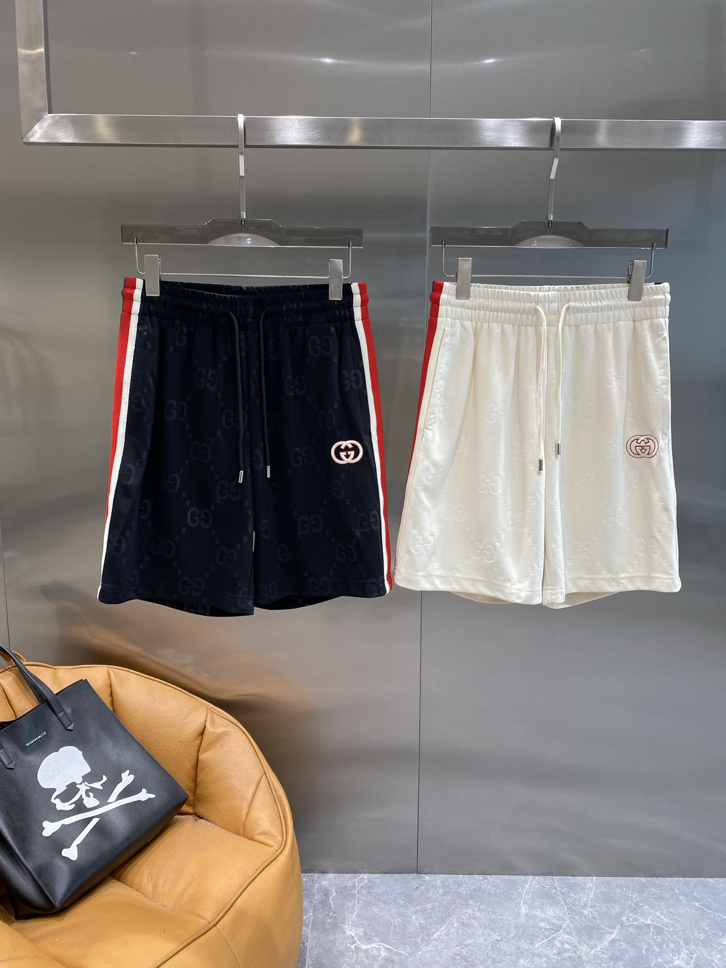 Red and white striped side panel shorts