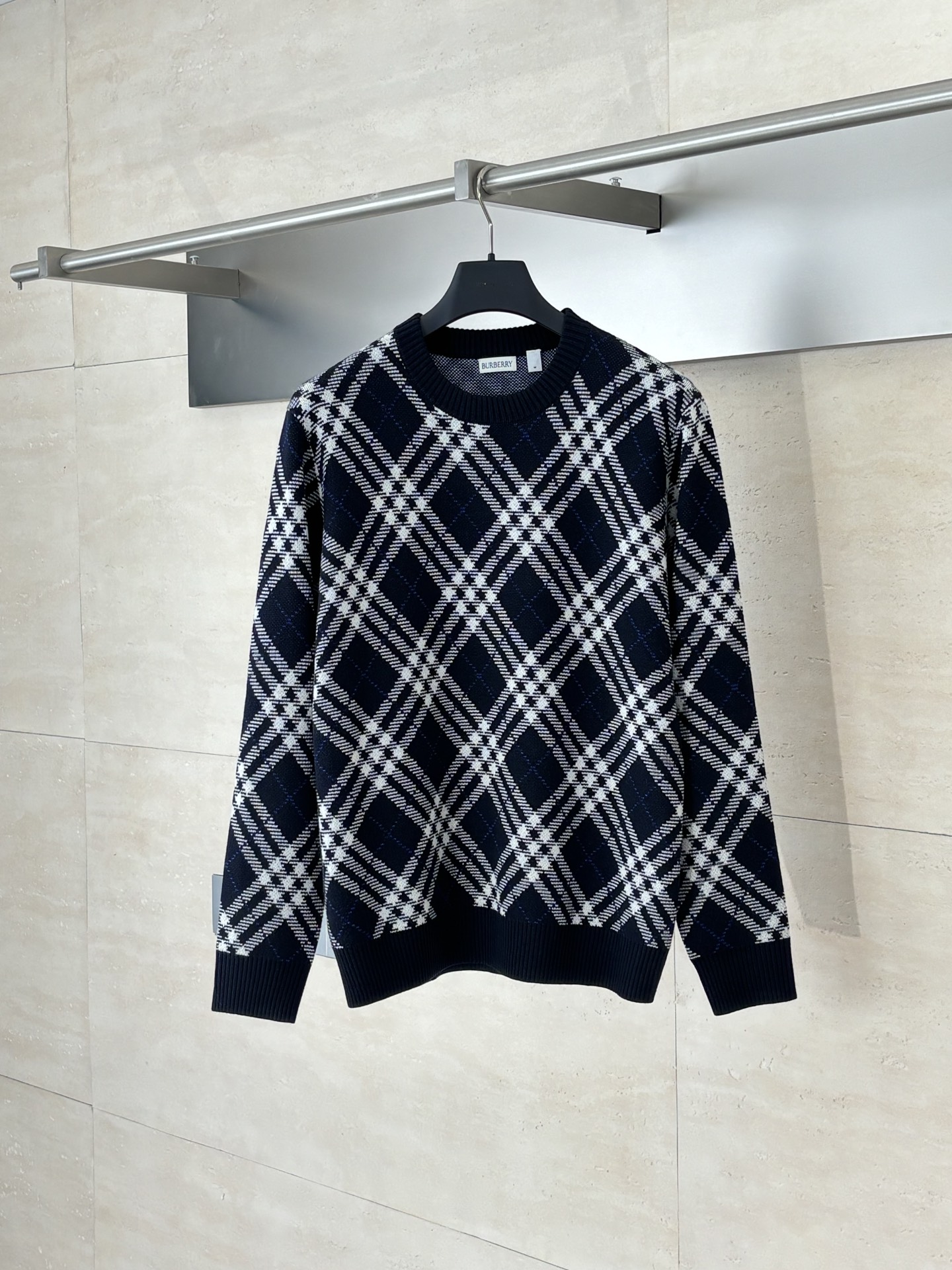 Herringbone Check Wool-Blend Pullover Crewneck Sweater