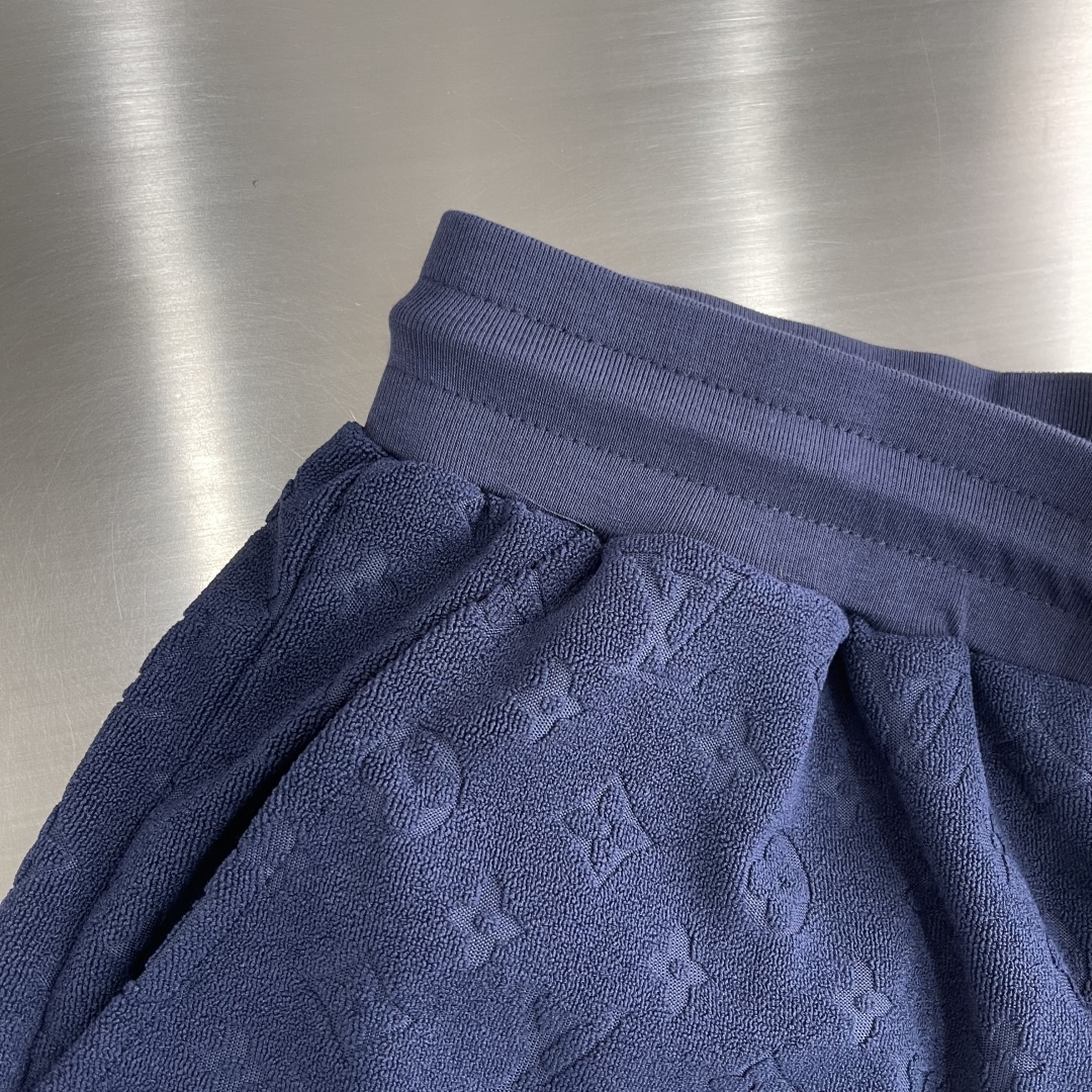 Blue Cotton Terry Jacquard Casual Shorts