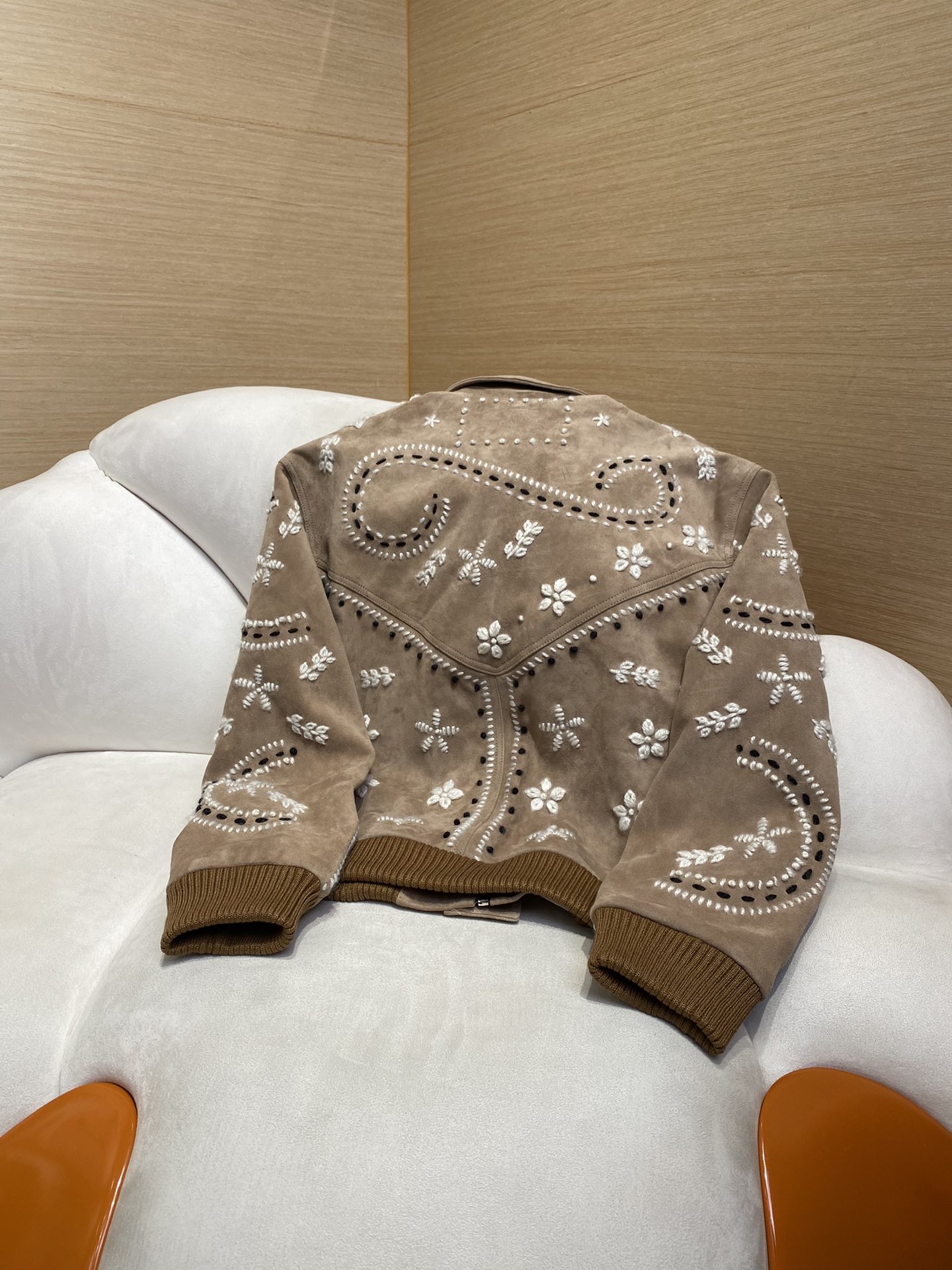 Thick wool 3D embroidered leather jacket