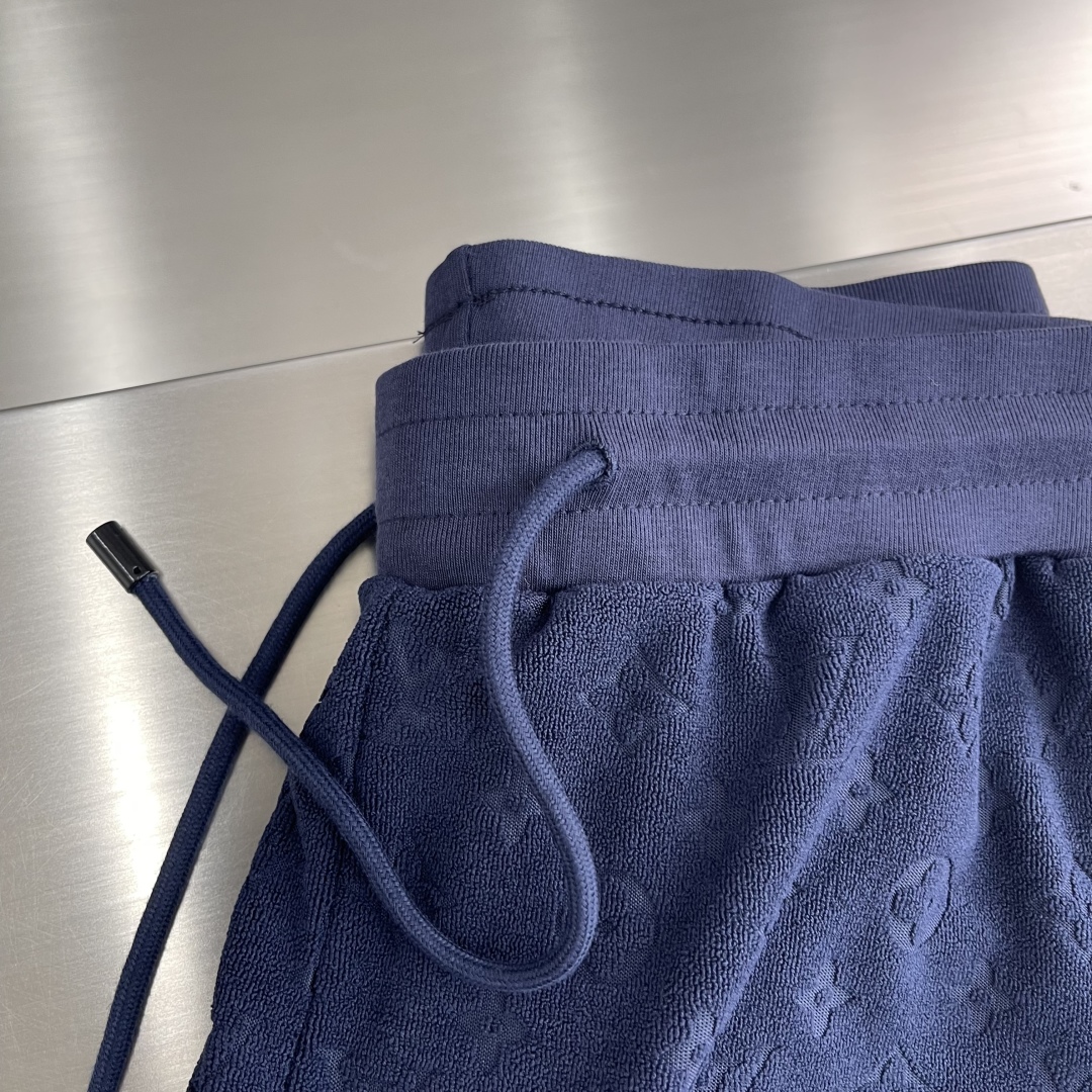 Blue Cotton Terry Jacquard Casual Shorts