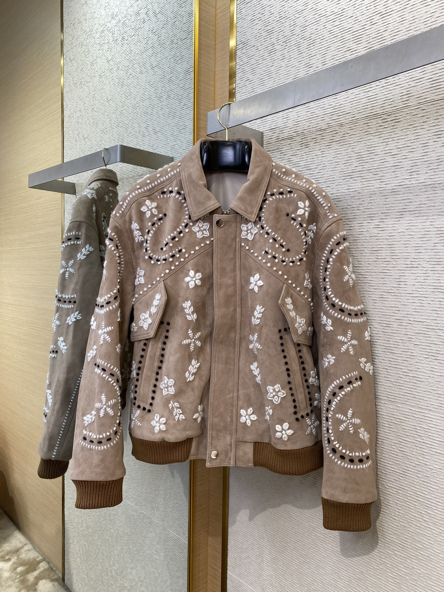 Thick wool 3D embroidered leather jacket