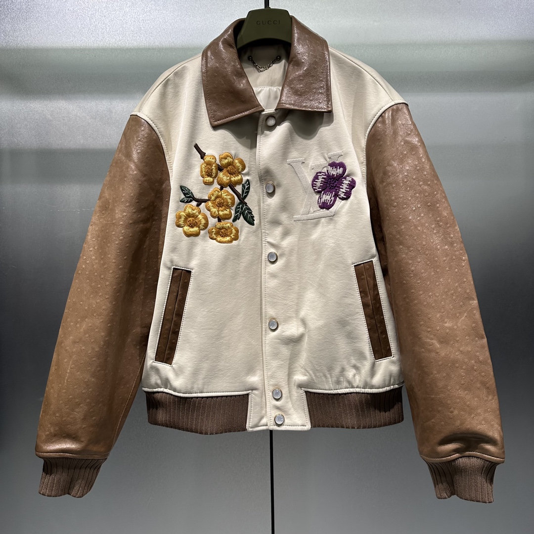 Hand-embroidered Wool And Ostrich Leather Baseball Jacket