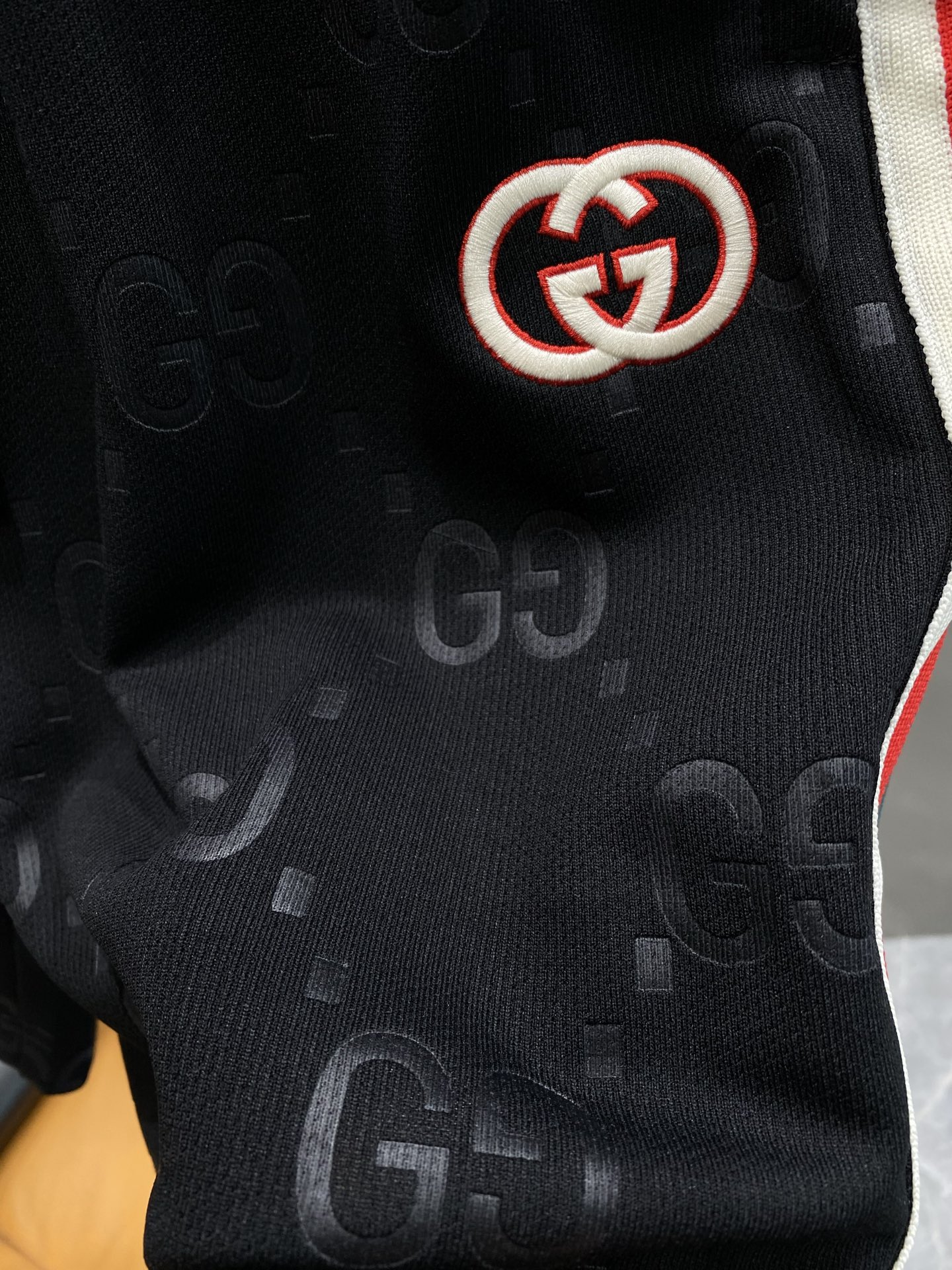 Red and white striped side panel shorts