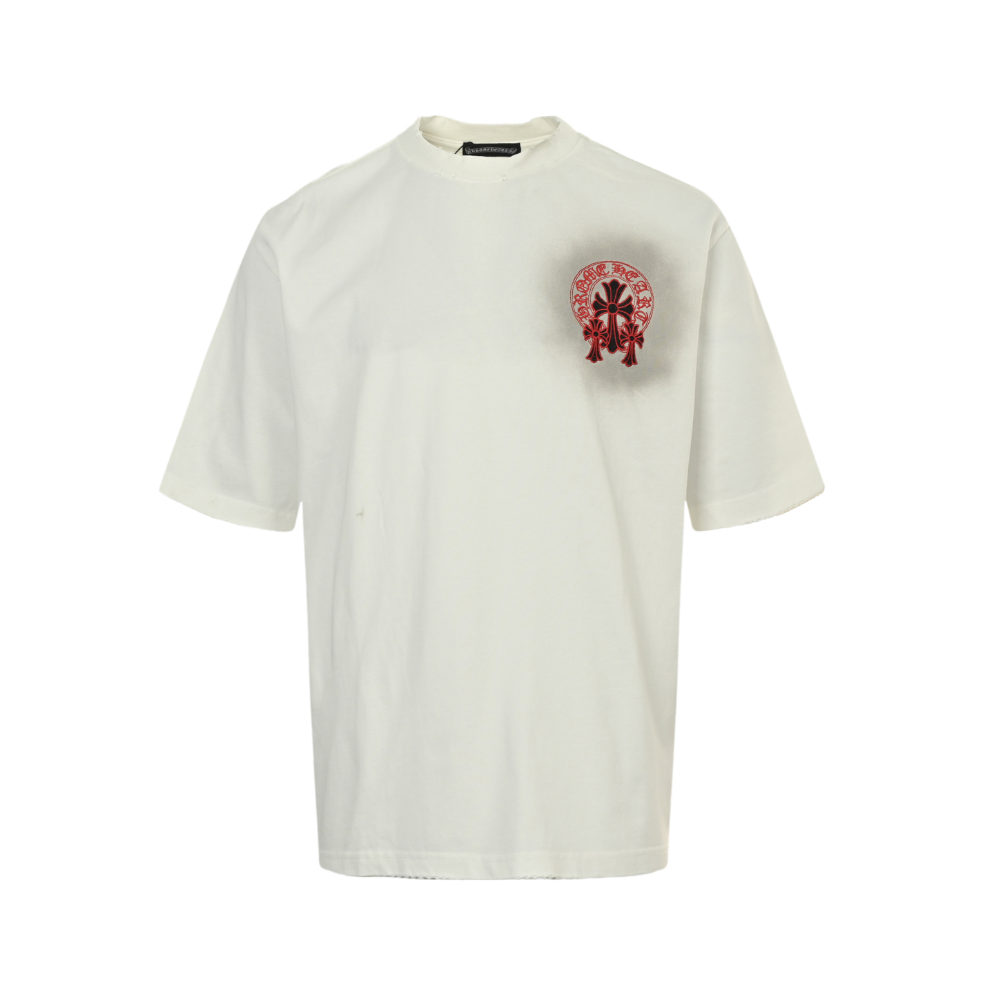 Red Label Cross Applique Embroidered Washed Distressed T-Shirt