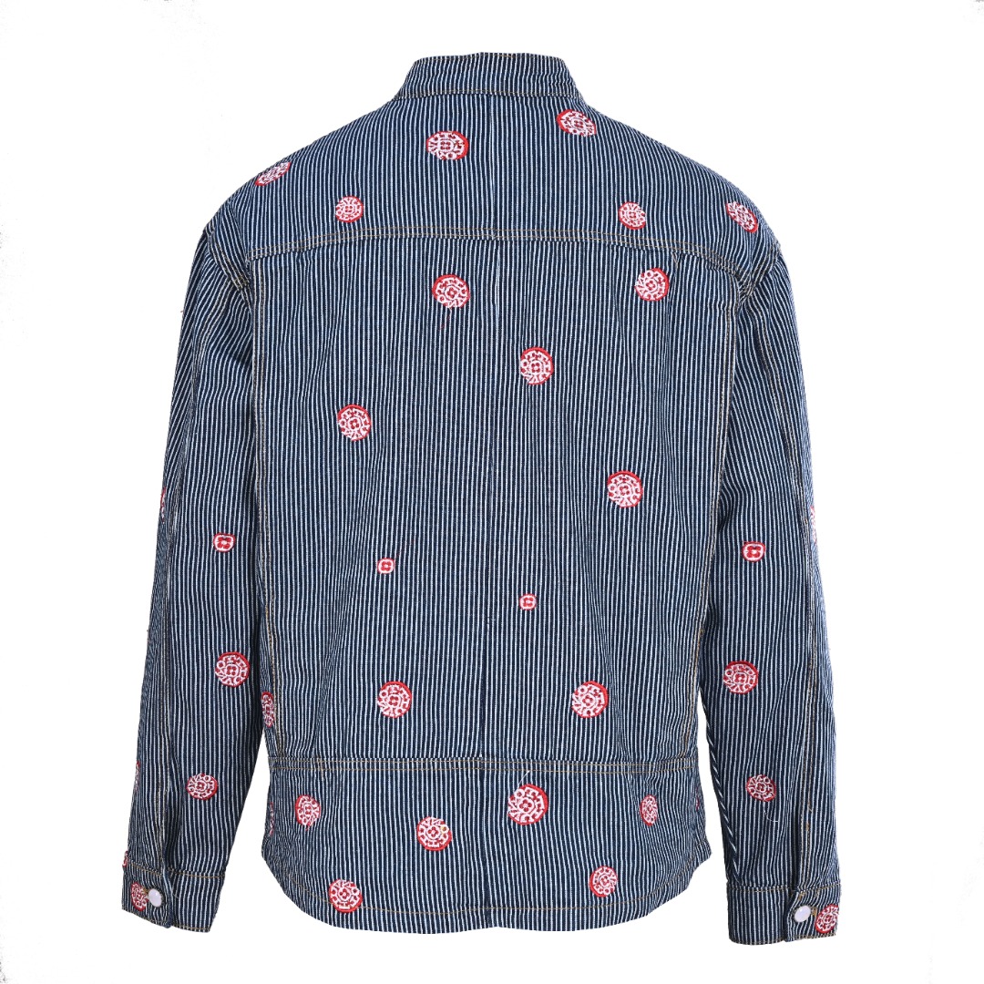 Sakura Embroidery Vertical Striped Denim Jacket