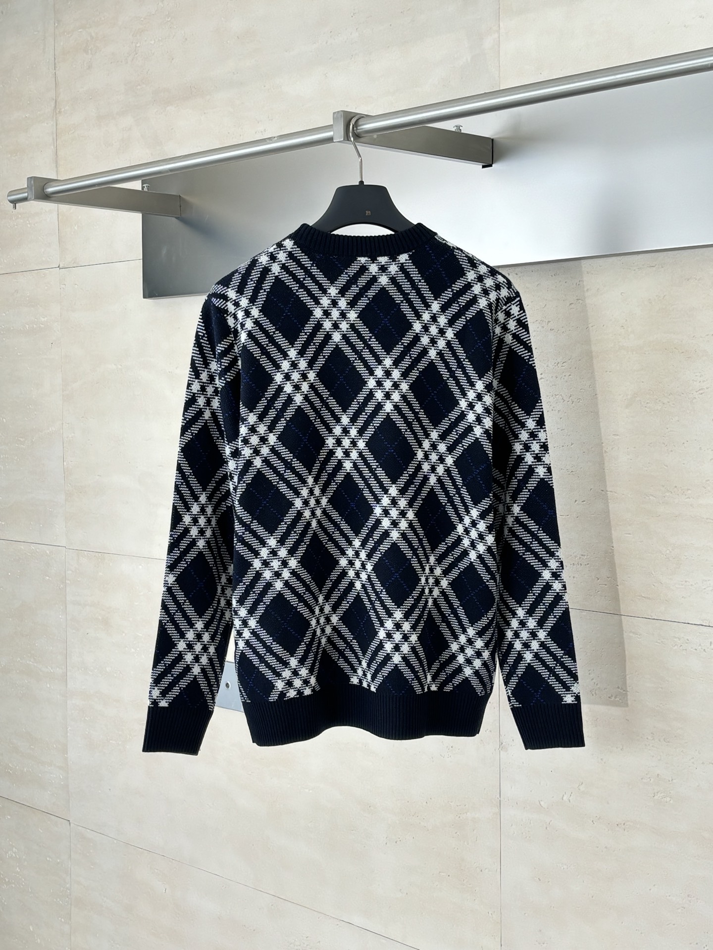 Herringbone Check Wool-Blend Pullover Crewneck Sweater