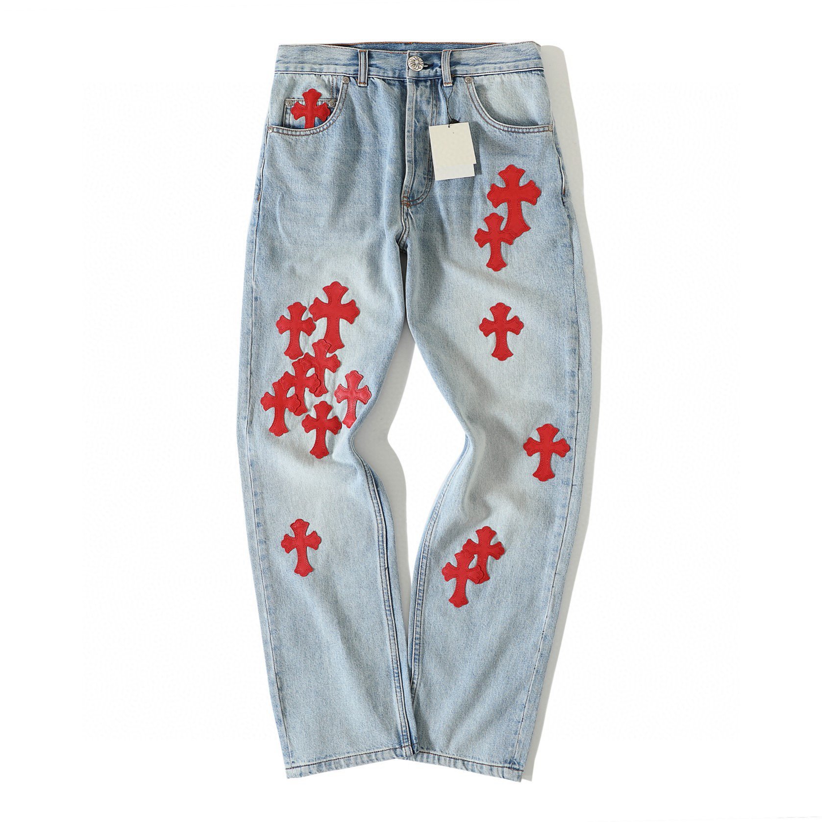25SS Red Cross Patch Leather-Appliqué Jeans