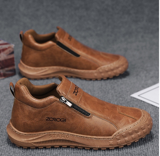 Zipper leather shoes for lazy people, slip resistant and wear-resistant casual shoes for one foot