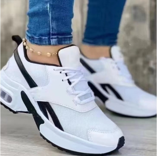 Low cut shoes with round toe, mid heel, lace up mesh, casual style sports shoes