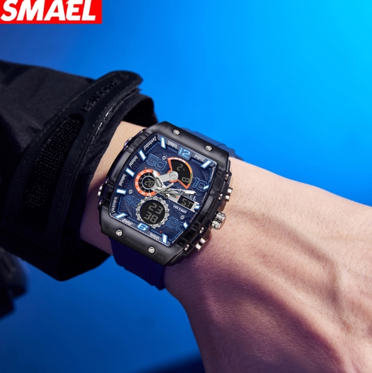 Multi functional sports and leisure electronic watch, waterproof dual display LED night light alarm clock, men's watch