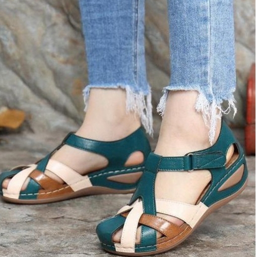 Mid heeled retro round toe wedge women's Roman shoes cross buckle women's sandals