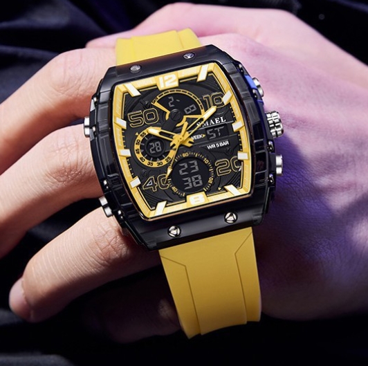 Multi functional sports and leisure electronic watch, waterproof dual display LED night light alarm clock, men's watch