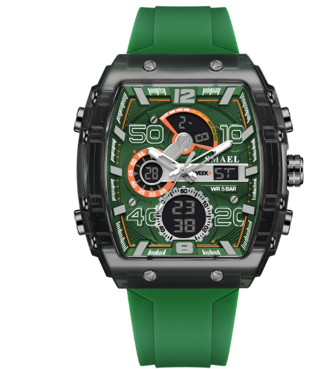 Multi functional sports and leisure electronic watch, waterproof dual display LED night light alarm clock, men's watch