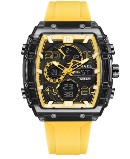 Multi functional sports and leisure electronic watch, waterproof dual display LED night light alarm clock, men's watch