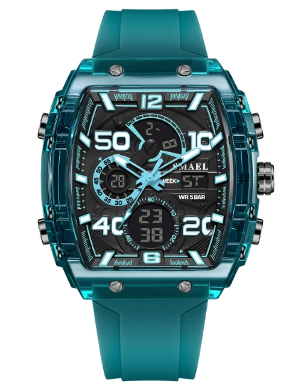 Multi functional sports and leisure electronic watch, waterproof dual display LED night light alarm clock, men's watch