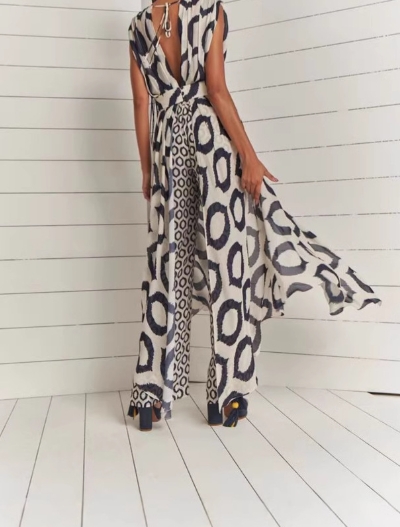 Elegant temperament printed sleeveless V-neck lace up top+slim fit pants set
