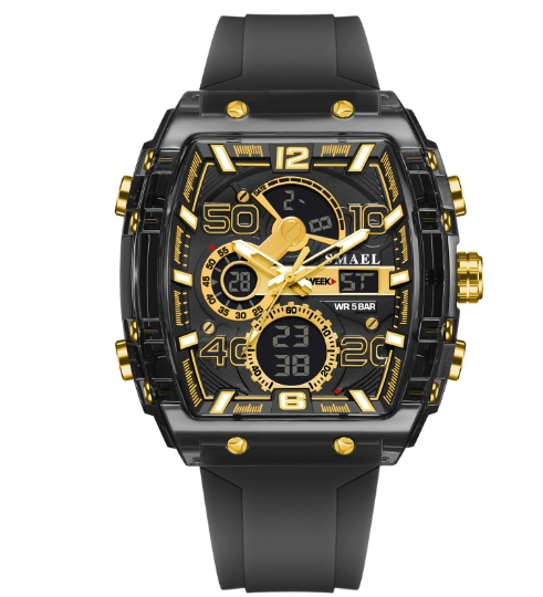 Multi functional sports and leisure electronic watch, waterproof dual display LED night light alarm clock, men's watch