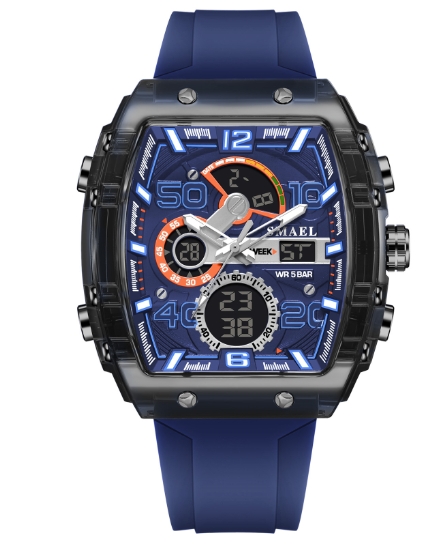 Multi functional sports and leisure electronic watch, waterproof dual display LED night light alarm clock, men's watch