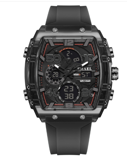 Multi functional sports and leisure electronic watch, waterproof dual display LED night light alarm clock, men's watch