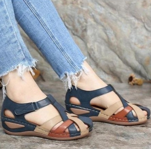 Mid heeled retro round toe wedge women's Roman shoes cross buckle women's sandals