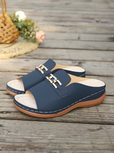 Slope heel thick soled slippers with metal decoration Roman style fish mouth beach sandals