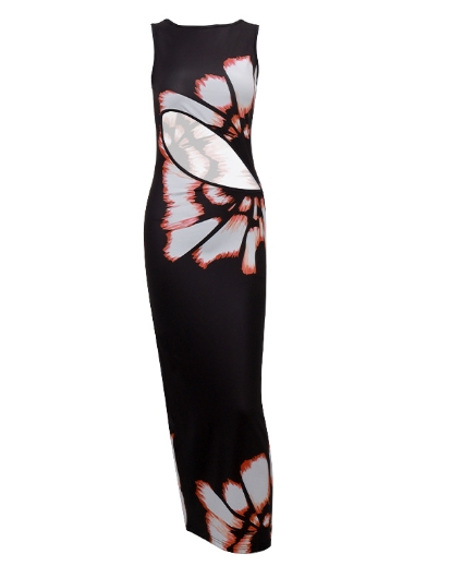 American retro light mature style sexy hollow slit slimming printed sleeveless dress
