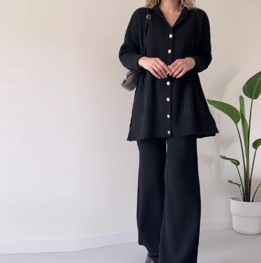 Solid color design button fashion casual home sweater set