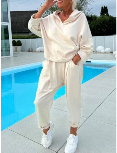 Women's solid color hooded sweatshirt two-piece set