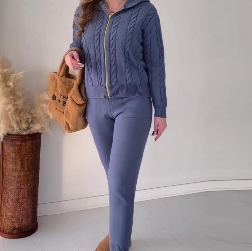 Solid Fried Dough Twists Hooded Zipper Top Casual Home Set