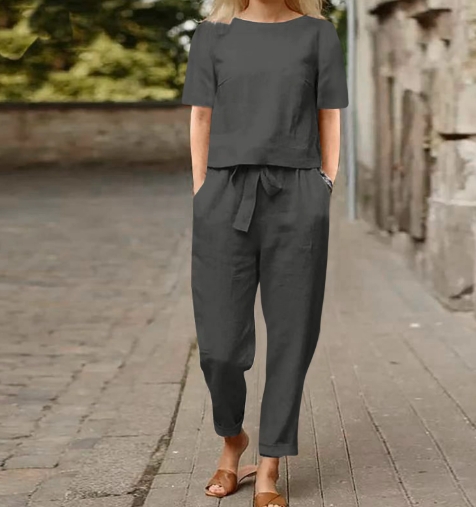 Cotton and linen summer matching set, half sleeved wide leg pants retro set