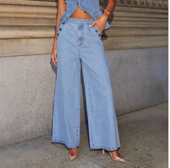 Fashionable temperament new button sleeveless vest wide leg jeans denim suit