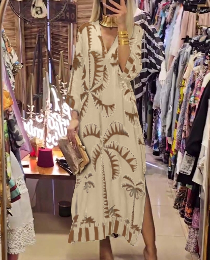 V-neck printed slit seven quarter sleeve casual sexy dress