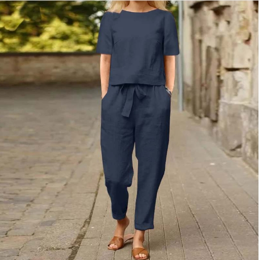 Cotton and linen summer matching set, half sleeved wide leg pants retro set
