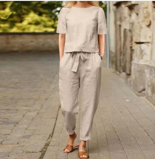 Cotton and linen summer matching set, half sleeved wide leg pants retro set