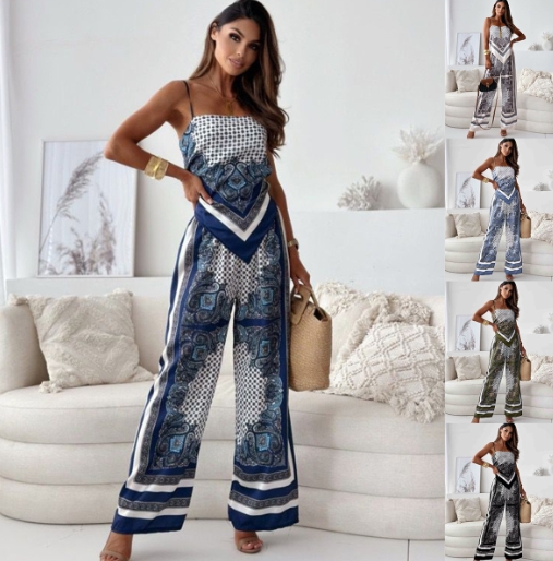 Fashion printed suspender, chest wrapped, positioning floral pants set