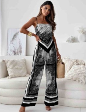 Fashion printed suspender, chest wrapped, positioning floral pants set