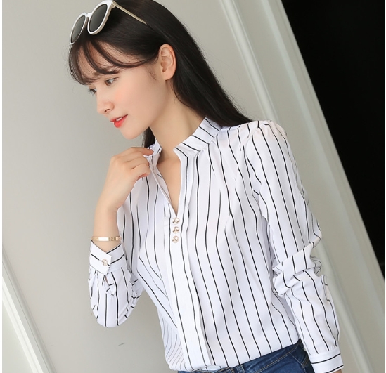 Casual striped long sleeved shirt, loose white stand up collar top