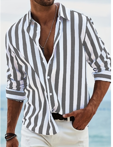 Men's color woven striped casual loose long sleeved shirt