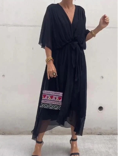 Solid color lace up long dress with bat sleeves, irregular dress in large size