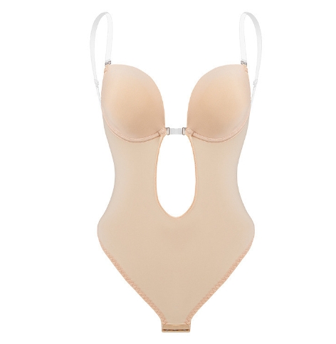 Deep V invisible shoulder strap waist cinching bodysuit with leaked straps, bra shaping jumpsuit