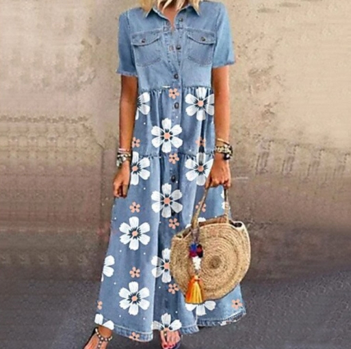 European and American denim style long multi button distressed dress