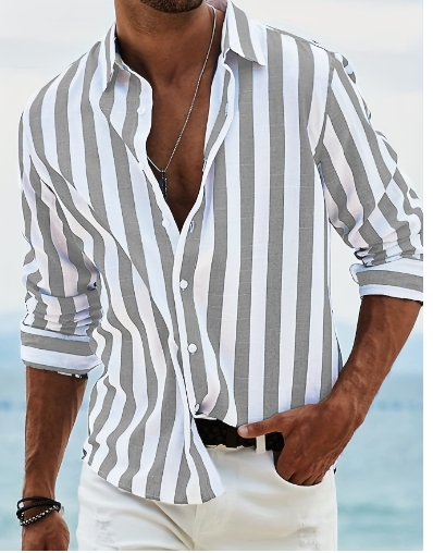 Men's color woven striped casual loose long sleeved shirt