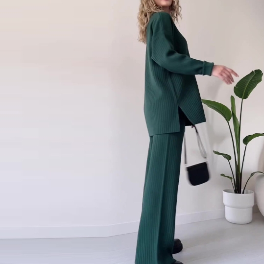 Solid color design button fashion casual home sweater set