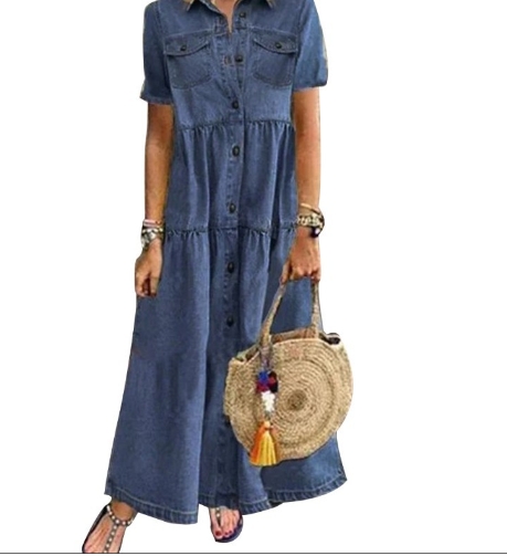 European and American denim style long multi button distressed dress