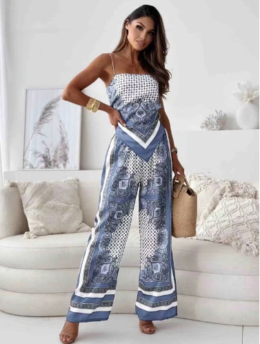 Fashion printed suspender, chest wrapped, positioning floral pants set