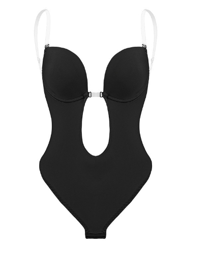 Deep V invisible shoulder strap waist cinching bodysuit with leaked straps, bra shaping jumpsuit