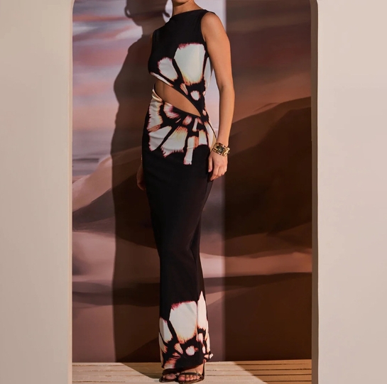 American retro light mature style sexy hollow slit slimming printed sleeveless dress